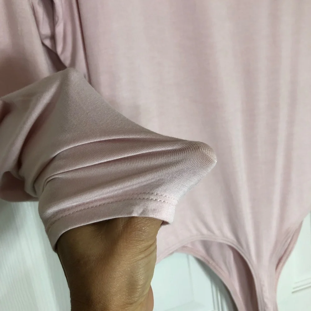 Express Stretchy Soft Light Pink Lined Front Monk Long Sleeve‎ Thong Bodysuit XL
